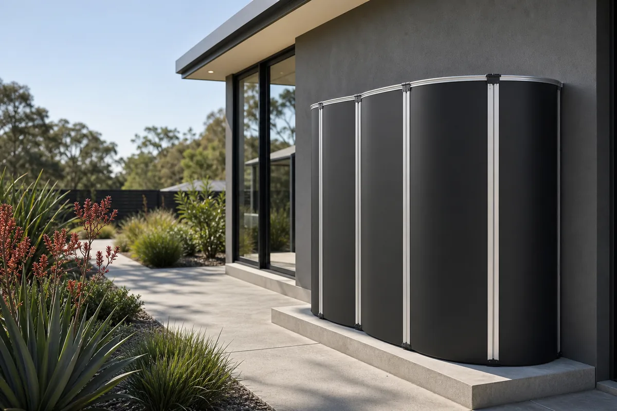 MyTankCo modular water tank finished in Colorbond Monument beside a modern home