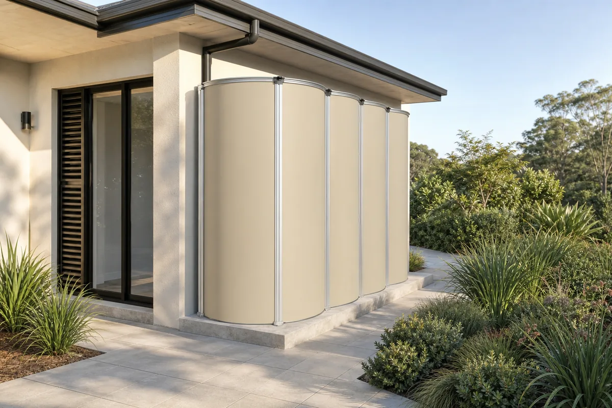 MyTankCo modular water tank finished in Colorbond Paperbark beside a rendered home