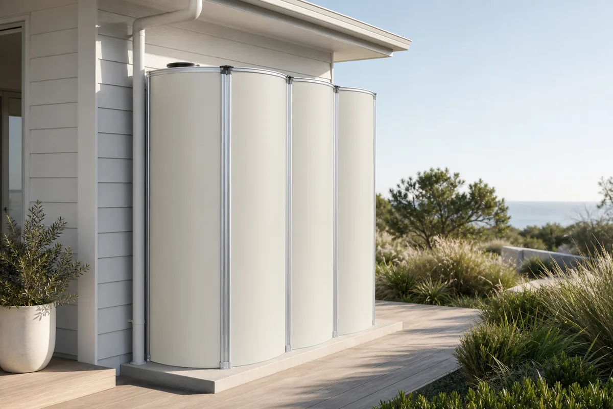MyTankCo modular water tank finished in Colorbond Surfmist beside a coastal home