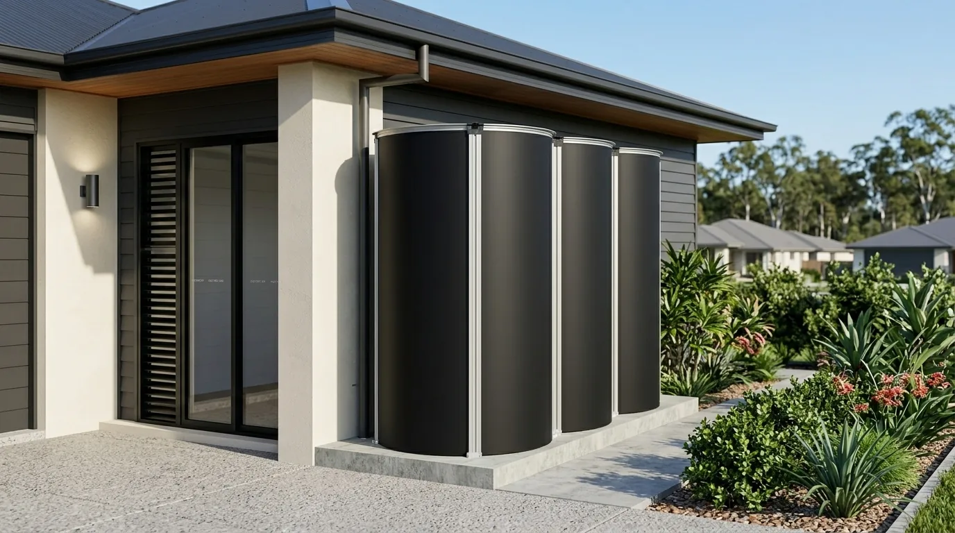 MyTankCo slimline tanks beside a modern infill home
