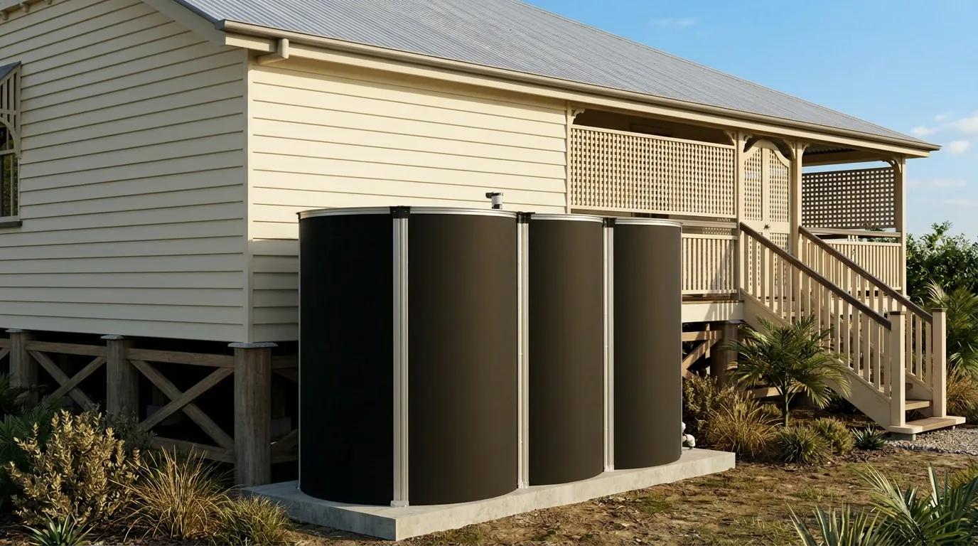 MyTankCo slimline tanks beside a classic Queenslander